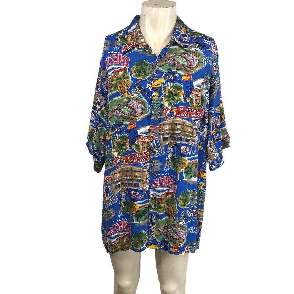 Reyn Spooner Kansas Jayhawks Rayon Hawaiian Shirt Mens XXL Blue Scenic NCAA KU